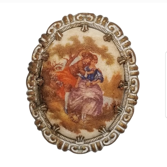 VINTAGE WESTERN GERMANY FRAGONARD STYLE CAMEO SUGARED BROOCH - Picture 2 of 4